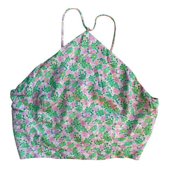 NWOT Zara Green & Pink Floral Print Cropped Halter Top Size XS Flirty & Feminine - Picture 2 of 3